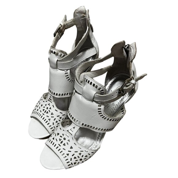 Guess Agenta White Leather Wooden Wedge Heels Sz 6.5 Womens Open Toe Ankle - Picture 4 of 16